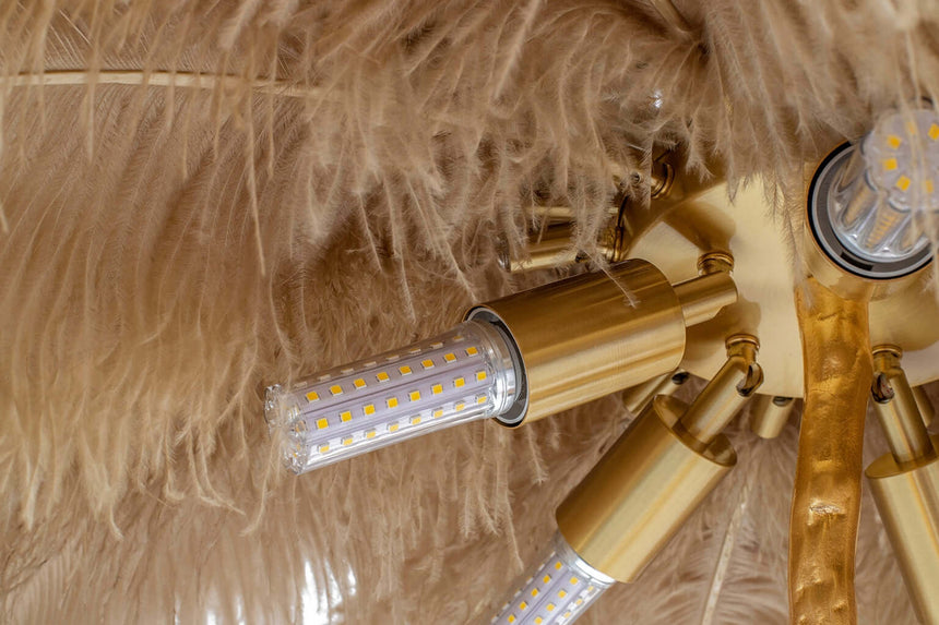 Stojacia lampa Tiffany 175 – béžová mosadz / prírodné perie