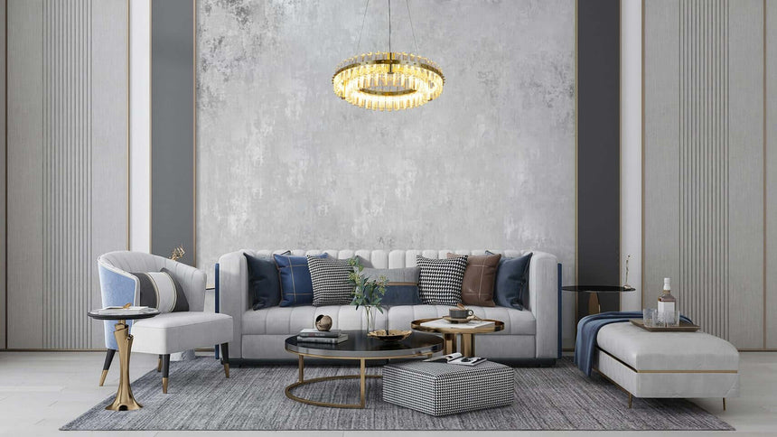 Závesná lampa Saturnus 47 Duo zlatá – LED, krištáľ, brúsená oceľ