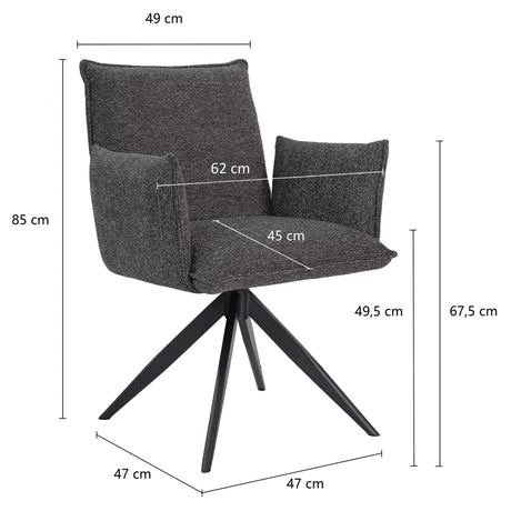 Nella karfás szék méretrajza: 63 × 62 × 85 cm, 49,5 cm ülésmagasság