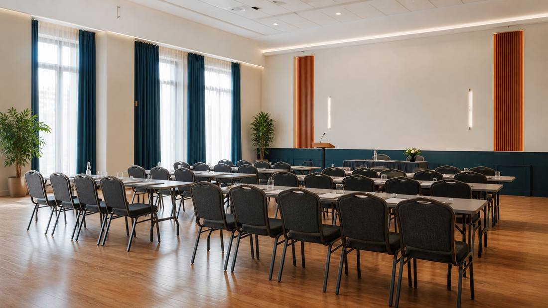 Konferenciaterem összecsukható asztalokkal és antracit konferenciaszékekkel