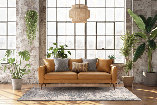 Ives Warm Blue modern szőnyeg felülnézetből, meleg kék-bézs árnyalatban