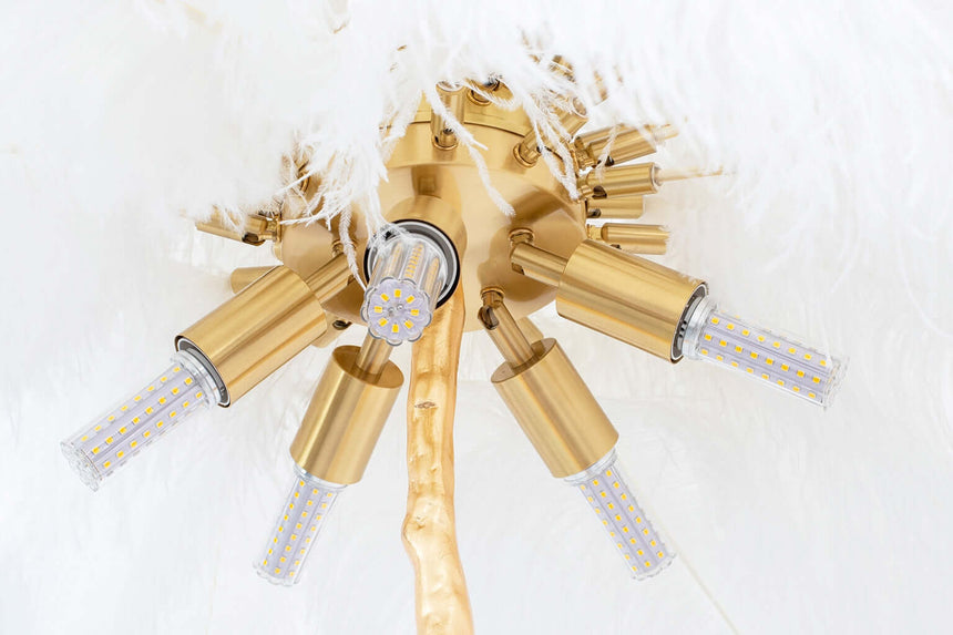 Stojacia lampa Tiffany 175 – biela mosadz / prírodné perie