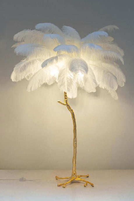 Stojacia lampa Tiffany 175 – biela mosadz / prírodné perie