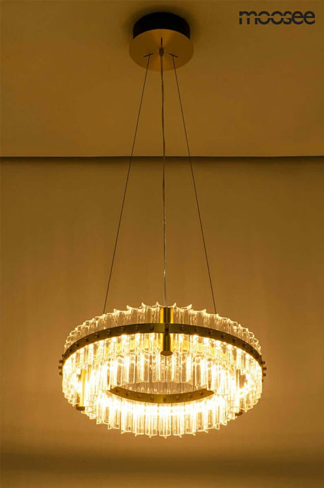 Závesná lampa Saturnus 47 Duo zlatá – LED, krištáľ, brúsená oceľ