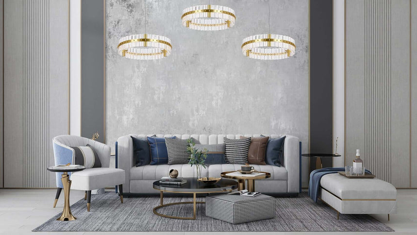 Závesná lampa Saturnus 47 zlatá – LED, krištáľ, brúsená oceľ