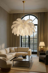 Závesná lampa Tiffany 135 – biela mosadz / prírodné perie