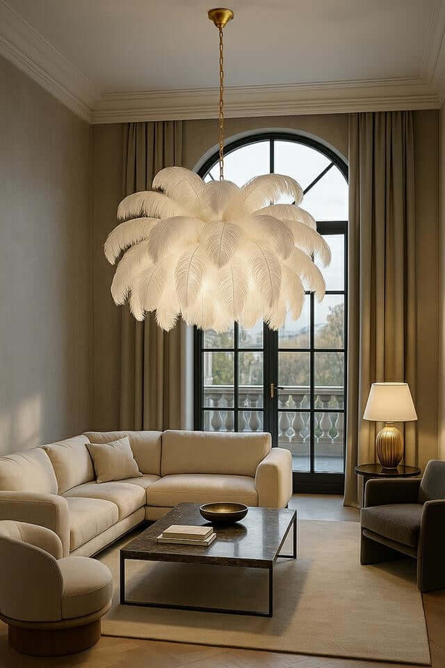 Závesná lampa Tiffany 135 – biela mosadz / prírodné perie